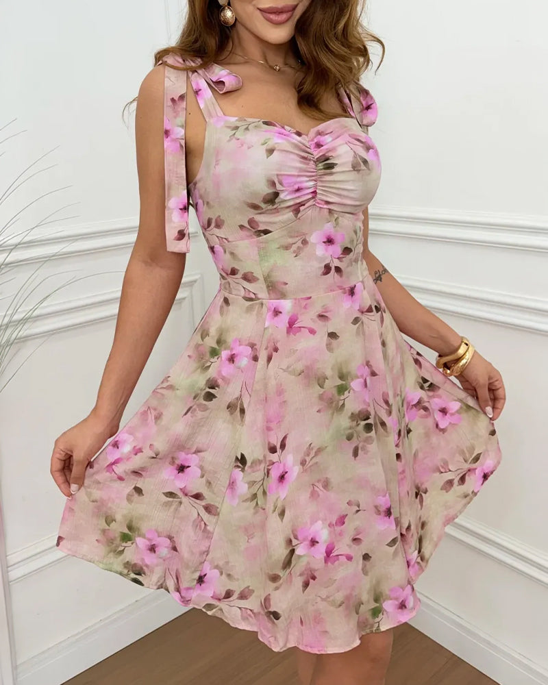 Floral Print Sweetheart Neck Bow Tie Shoulder Ruched A Line Dress Lace-up Back Cinched Waist Shirred Back Vacation Dress