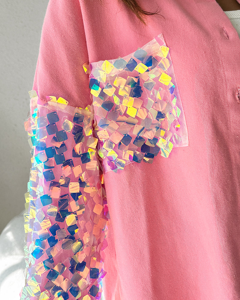 Contrast Sequin Long Sleeve Jacket Top Button Front Raw Hem Loose Fit Shacket