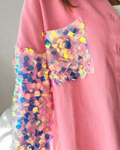 Contrast Sequin Long Sleeve Jacket Top Button Front Raw Hem Loose Fit Shacket