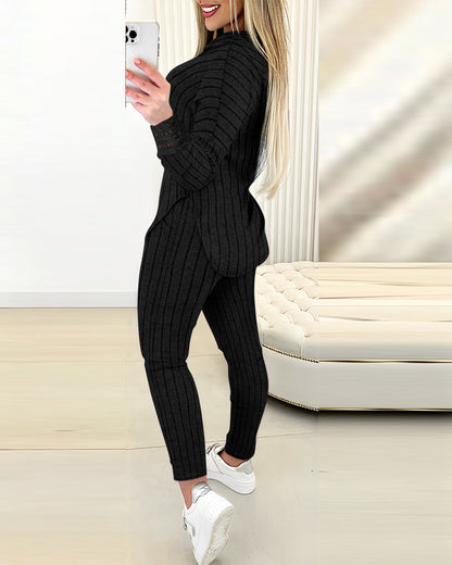 2 Pieces Outfit Drop Shoulder Lace Cuffs Asymmetrical Hem Drawstring Hoodie Top and Elastic Waist Slim Fit Pants Set Casual Brushed Ribbed Set