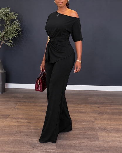 Women's Two Piece Outfits Convertible Shoulder Ruched Top and High Waisted Straight Leg Pants Set