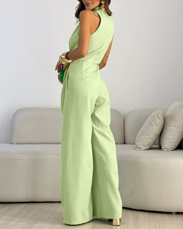 Halter Sleeveless Ruched Zipper Back Overalls Elegant Tie Waist Wide Leg Jumpsuit