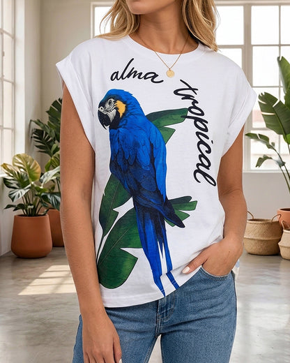 Tropical Animal & Plants Letter Print O-neck Short Sleeve Tee Casual Rolled Cuffs Top