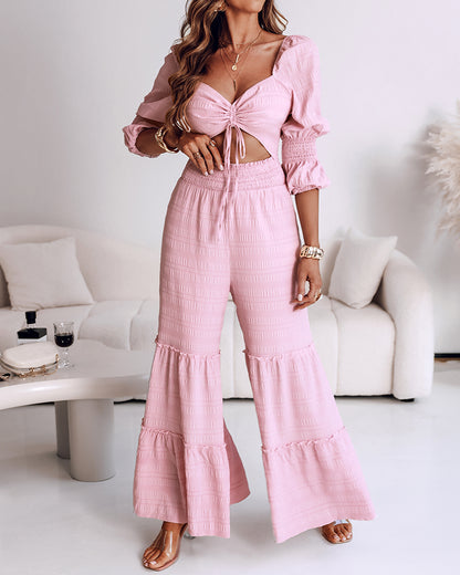 Square Neck Long Sleeve Drawstring  Shirred Jumpsuit