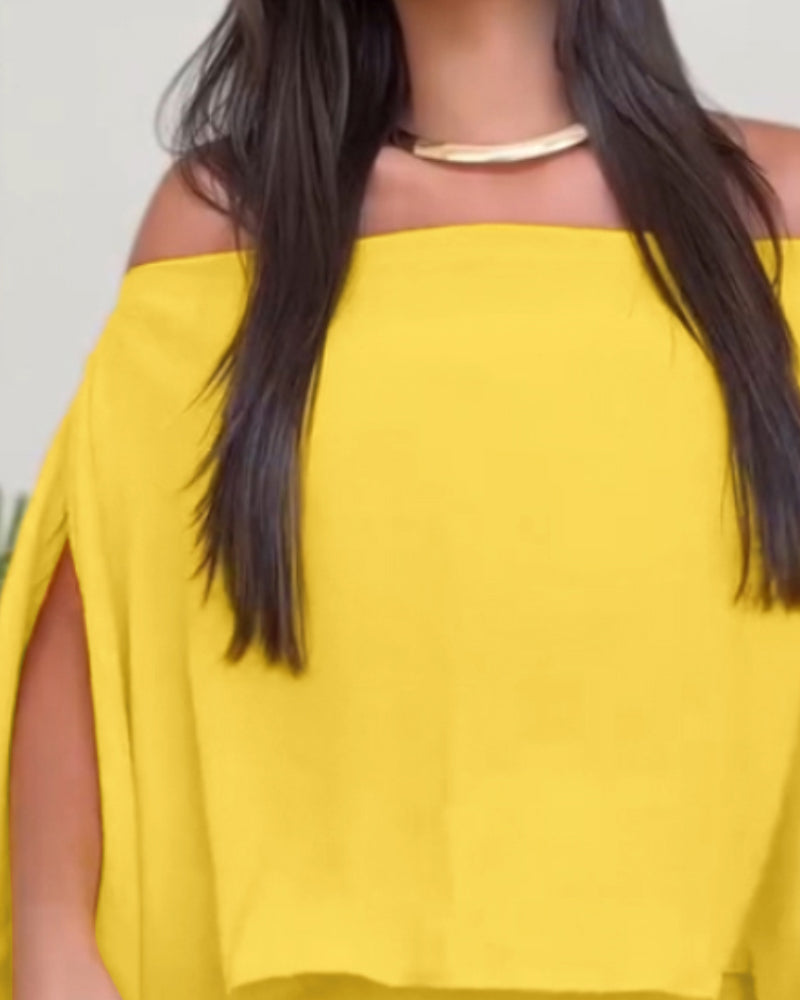 3 Pieces Outfit Solid Off Shoulder Split Sleeve Convertible Crop Top and Casual Elastic Waist Skorts Set With Bandeau(Without Belt)