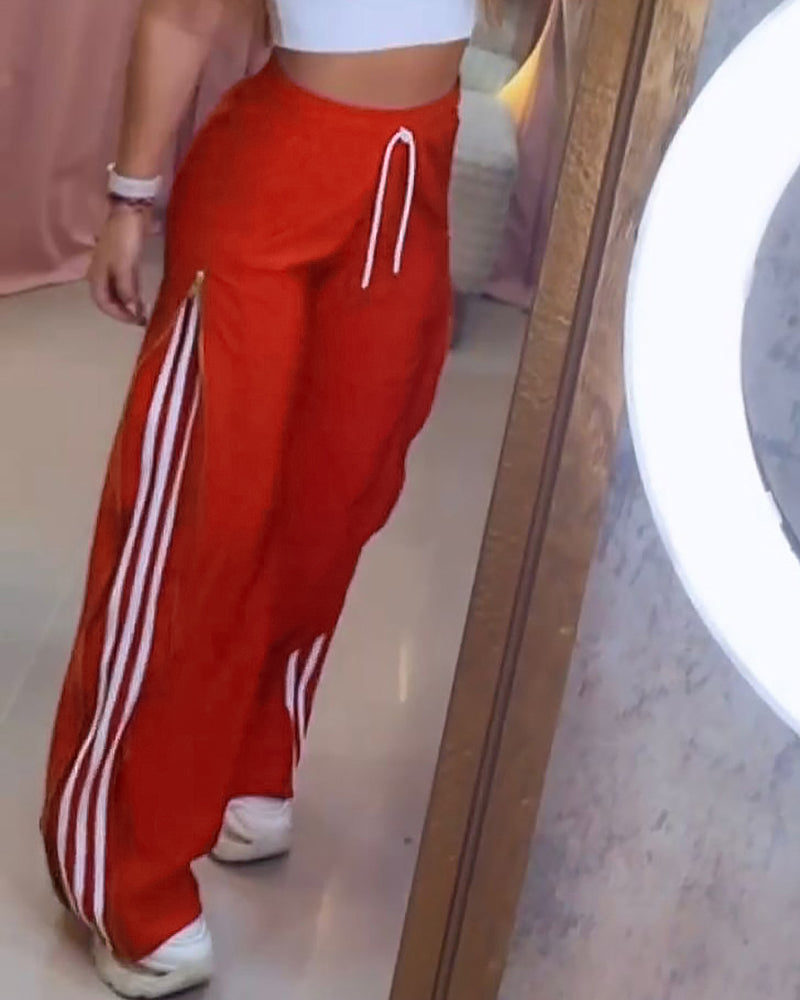 Contrast Side Striped & Zipper Slit Side Drawstring Elastic Waist Trousers Casual Wide Leg Pants