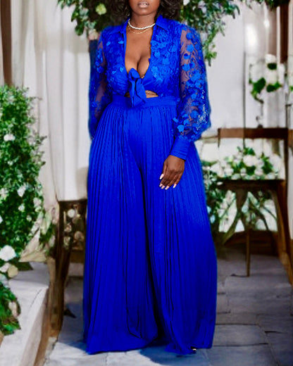 Jacquard Sheer Mesh Patch Turn-down Collar Jumpsuit Elegant Waist Tied Detail Pleated Flare Romper