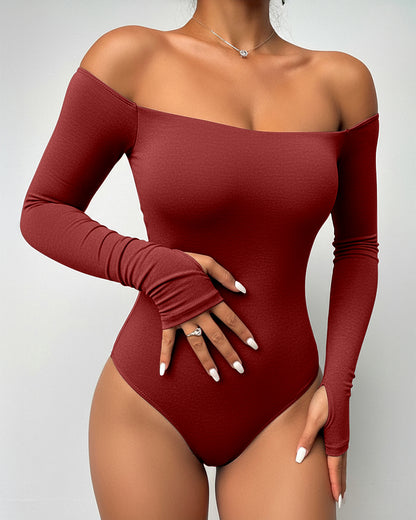 Off Shoulder Long Sleeve Slim Fit Versatile Bodysuit with Thumb Hole Cuffs