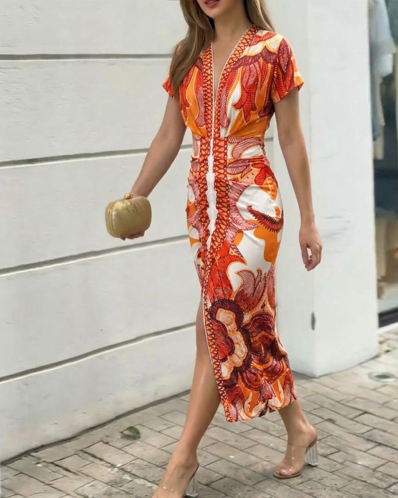 Vintage Baroque Print Deep V-Neck Short Sleeve Ruched Mid-length Dress Slim Fit Slit Front Vacation Dress