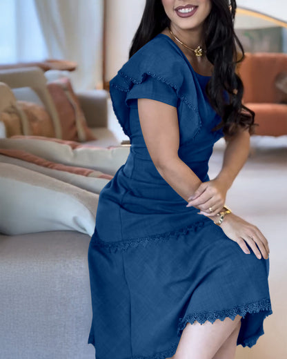 Butterfly Sleeve Hollow-out Back Shirred Work Dress Casual Cinched Waist Lace Trim Ruffle Hem Dress