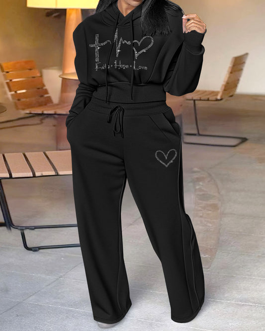 2 Pieces Outfit Rhinestone Graphic & Letter Pattern 3D Design Crop Drawstring Hoodie Sweatshirt and Casual Drawstring Elastic Waist Wide Leg Sweatpants Set