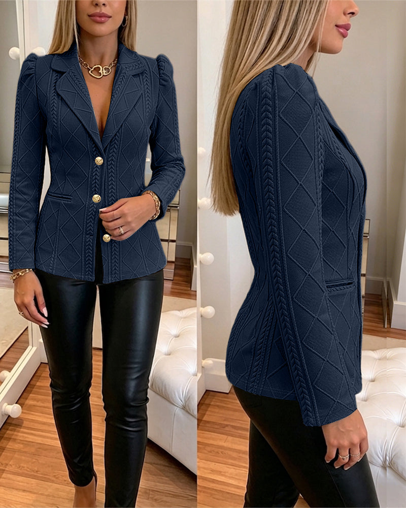 Blazer elegante de mujer con textura de cuadros de rombos, corte entallado, mangas abullonadas y botones dorados, chaqueta de traje para oficina con bolsillos
