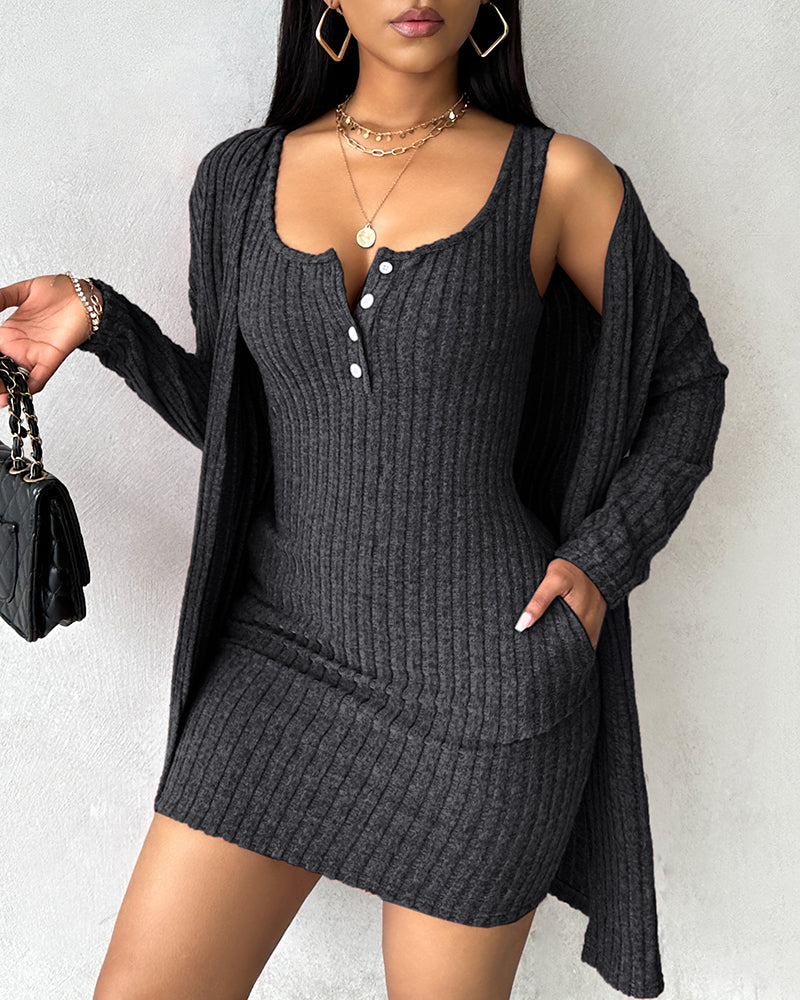 2 Pieces Outfit U-Neck Thick Strap Button Front Slim Fit Ribbed Knit Dress and Casual Long Sleeve Pockets Design Open Front Cardigan Coat Set