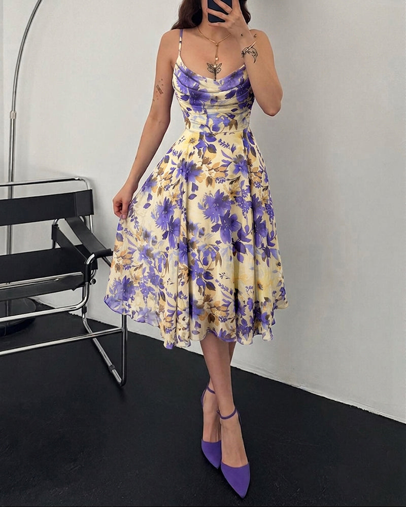 Women's Floral Cowl Neck Midi Dress Elegant Sheer Mesh Camisole Sundress Vintage A Line Dress with Lining