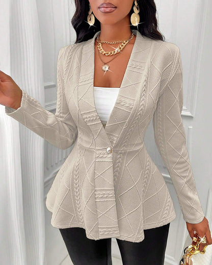 Shawl Collar Cable Textured Single Breasted Ruffle Hem Coat