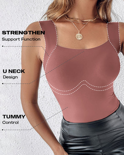 U-Neck Sleeveless Tank Seamless Skinny Layering Top with Built-In Bra
