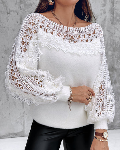 Crewneck Guipure Lace Long Sleeve Hollow Out Knit Sweaters Pullover Tops