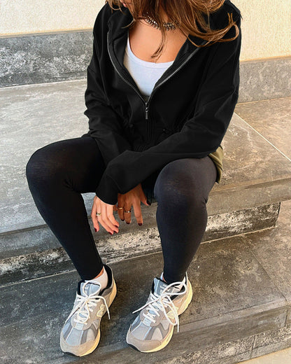 Long Sleeve Waist Drawstring Hooded Coat Casual Loose Fit Cardigan Jacket with Pockets