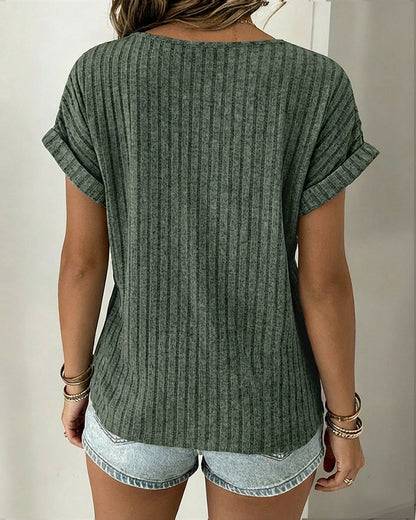Lace Spliced Round Neck Rolled Cuffs Tee Casual Short Sleeve Ribbed Brushed Top
