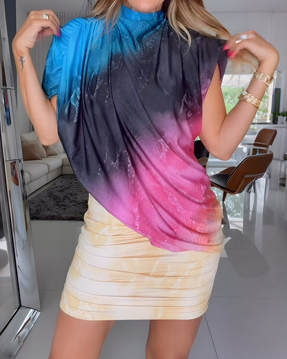 Women's 3 Piece Tie Dye Skirt Set Asymmetrical Drape Top and Ruched Bodycon Mini Skirt Set with Bandeau
