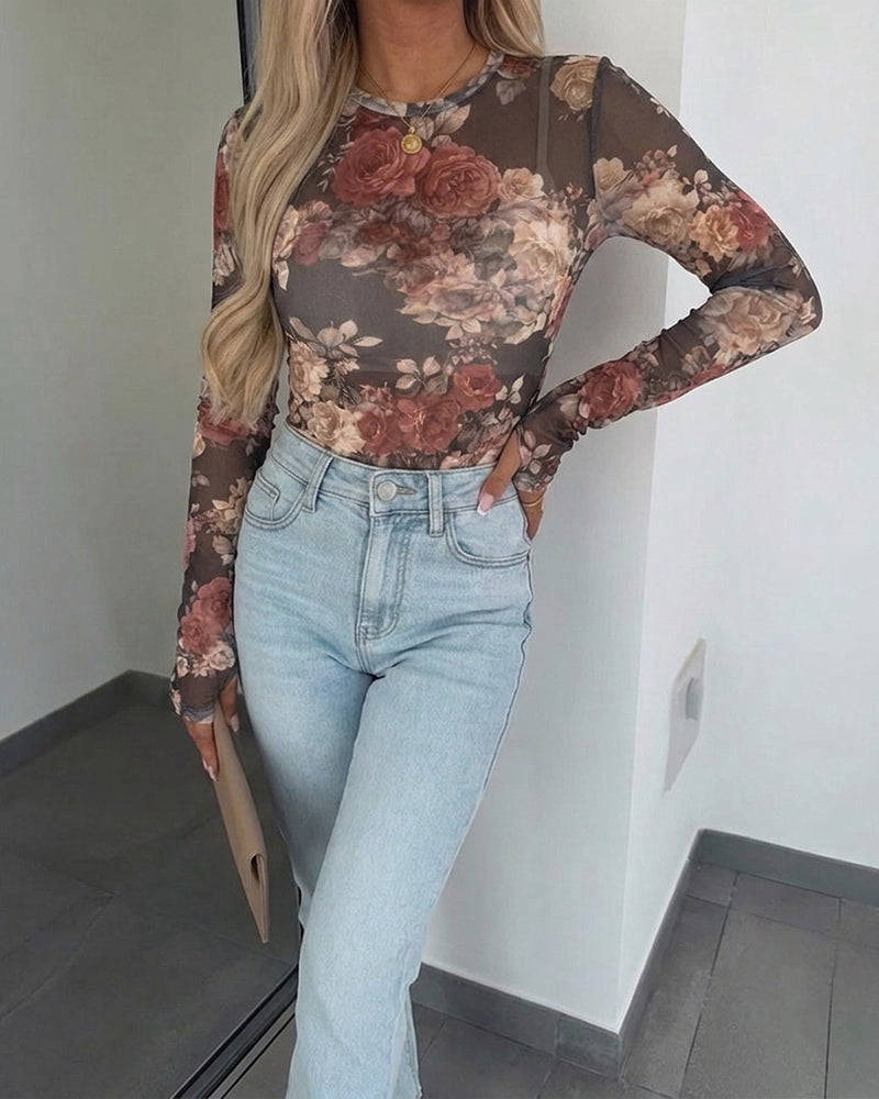Women's Vintage Floral Print Sheer Mesh Top Long Sleeve Slim Fit Crewneck Layering Top with Thumb Hole Cuffs