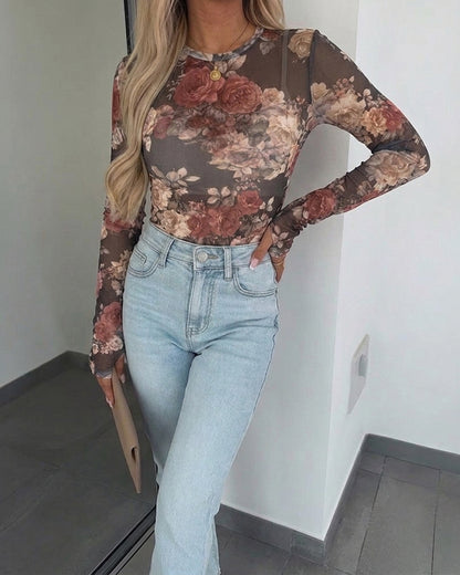 Women's Vintage Floral Print Sheer Mesh Top Long Sleeve Slim Fit Crewneck Layering Top with Thumb Hole Cuffs