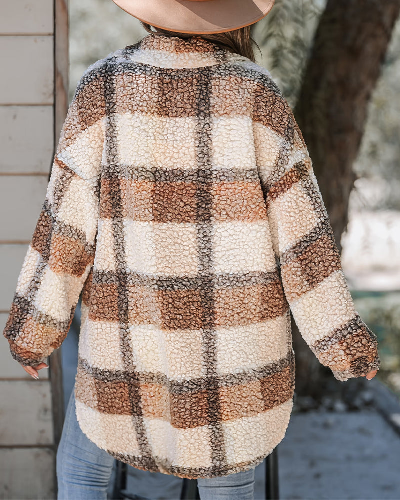 Women's Plaid Fleece Shacket Lapel Button Down Mid Length Oversized Jacket