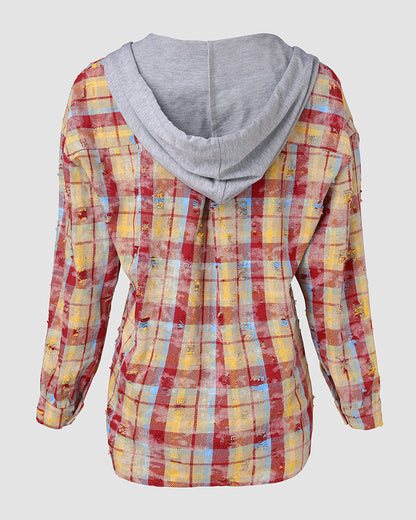 Colorblock Plaid Print Hooded Distressed Button Front Coat Shacket