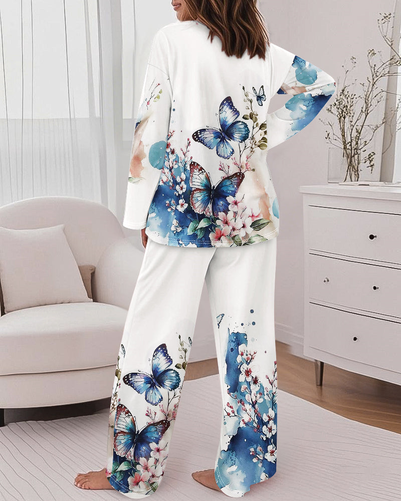 Floral Butterfly Print Round Neck Long Sleeve Top and Causal Pants Set with Pocket