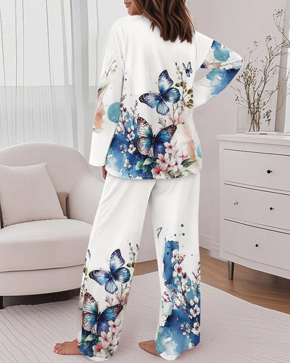 Floral Butterfly Print Round Neck Long Sleeve Top and Causal Pants Set with Pocket