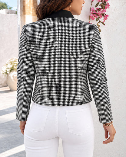 Women's Vintage Houndstooth Contrast Collar Cropped Jacket
