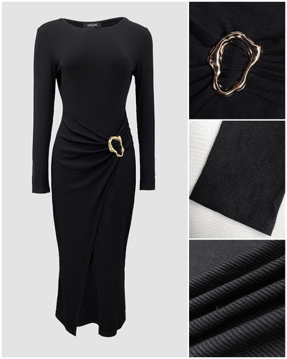 Metal Ring Decor Wrapped Slit Ribbed Commuting Dress Cinched Waist Slim Fit Mid-Length Dress