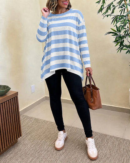 Women's Striped T Shirt Long Sleeve Drop Shoulder Crewneck Tee Side Slit Casual Loose Fit Top