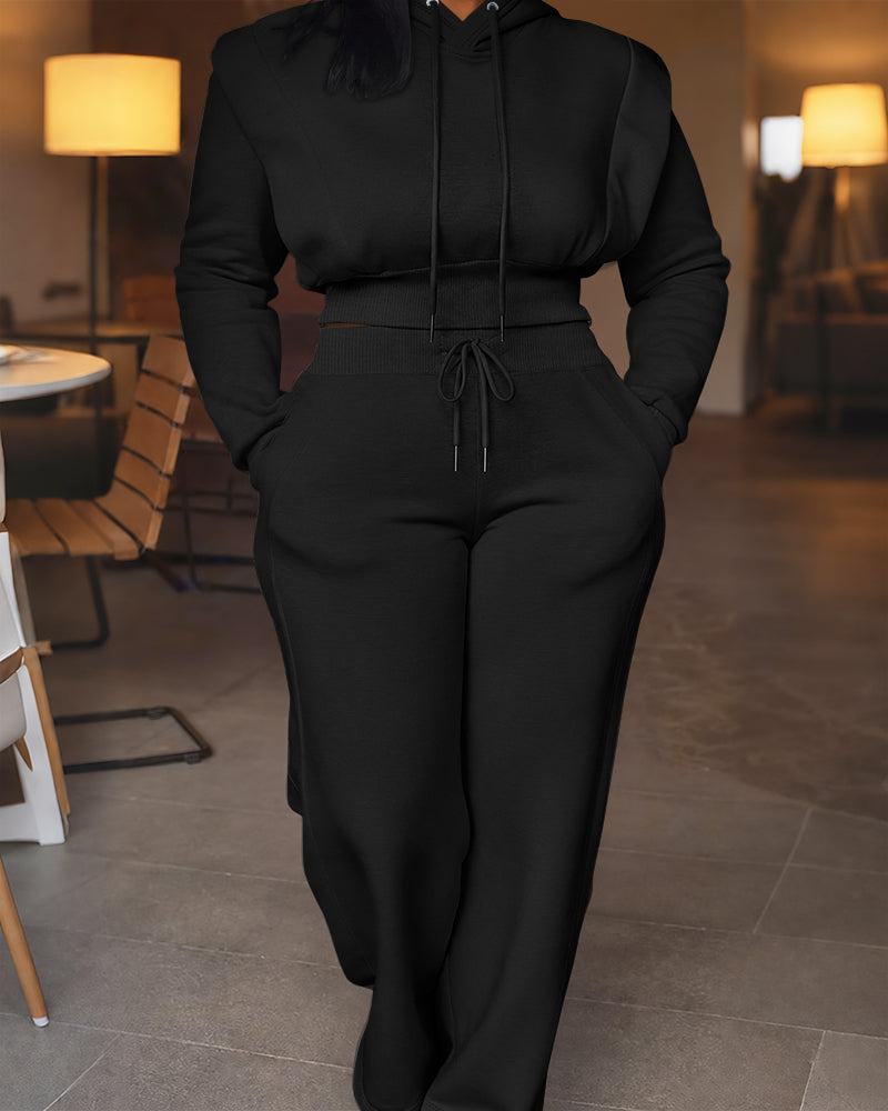 2-teiliges Outfit, langärmliges, kurzes Kapuzenpullover-Sweatshirt mit Kordelzug, Bündchen mit Daumenlöchern und lässigem Jogginghosen-Set mit Kordelzug und elastischer Taille mit weitem Bein 