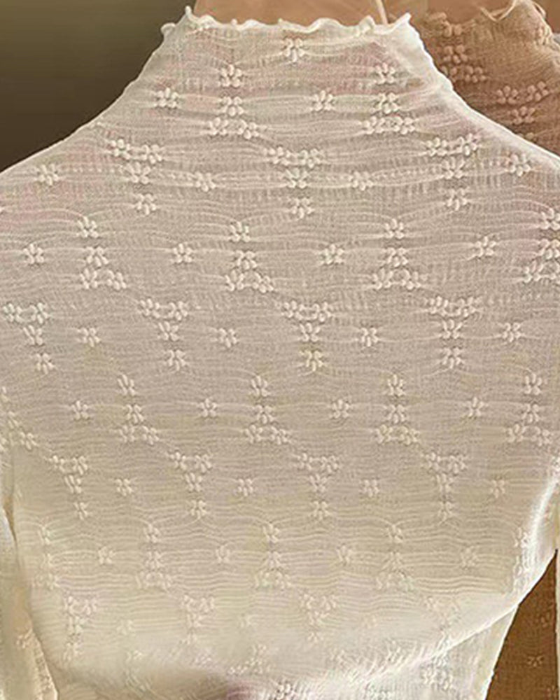 Lace Frill Hem Mock Neck Long Sleeve T-Shirt Sexy Floral Sheer Mesh Hollow Out Top