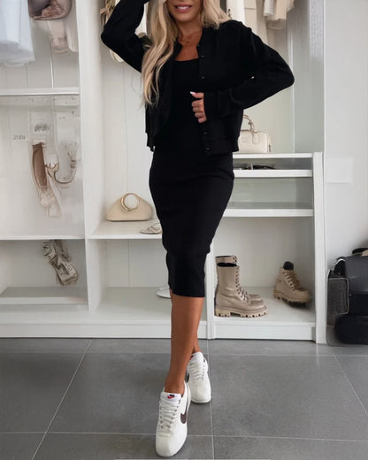 2 Pieces Outfit U-Neck Slit Back Slim Fit Knit Tank Dress and Pearl Button Front Baseball Coat Casual Ribbed Set