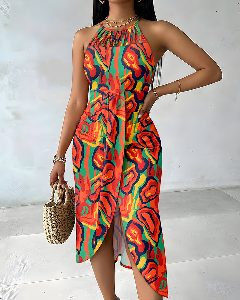 Colorblock Abstract Print Halter Tie Hollow-out Criss Cross Spliced Front Ruched Dress Casual Draped Slit Front Vacation Dress