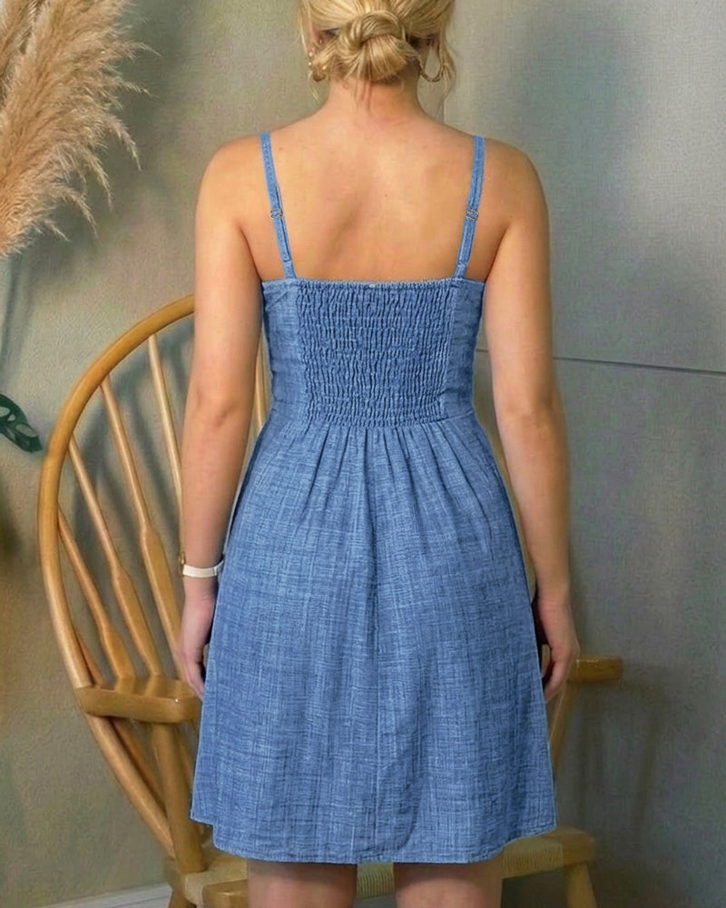 Women's 2 Piece Faux Denim Summer Outfit Slit Mid-length Cami Top and High Waisted Shorts Set Casual Vacation Set
