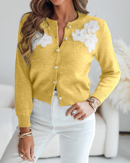 Floral Applique & Pearls Decor Round Neck Single Breasted Knit Cardigan Casual Crop Sweater Coat