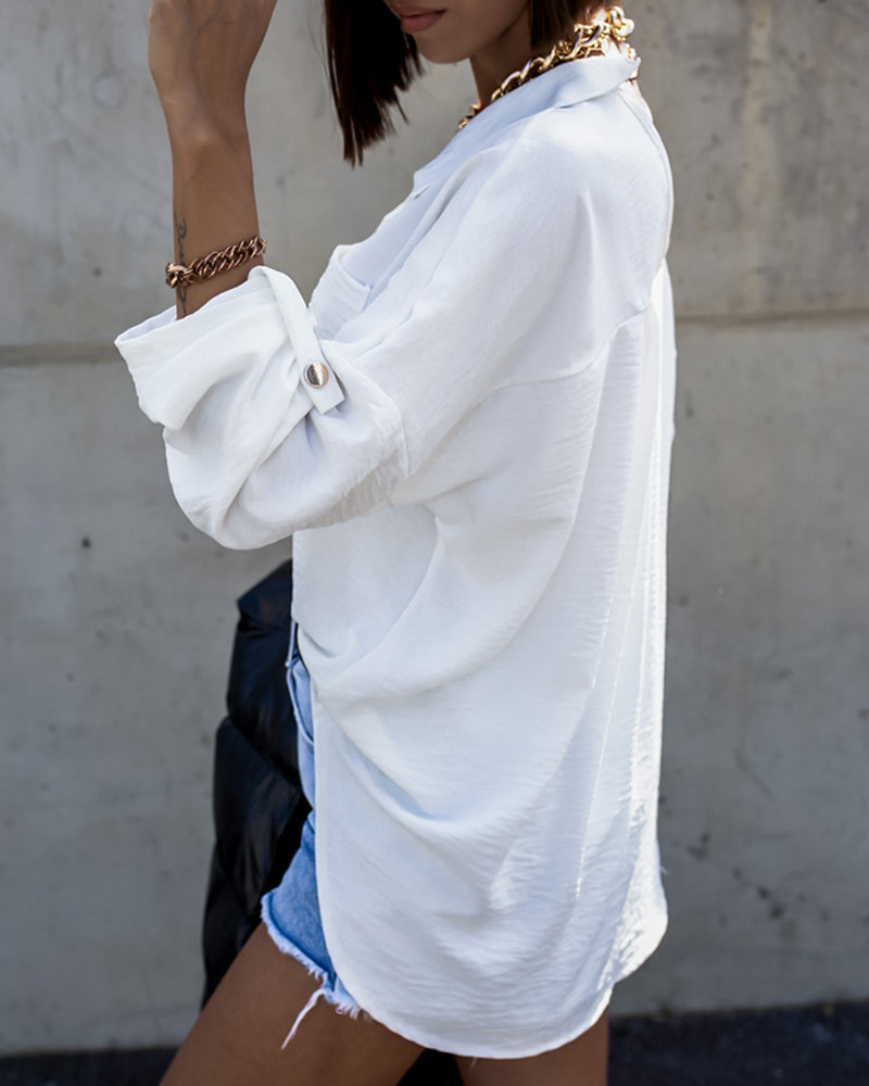 Metal Chain Decor Turn-down Collar Turn-Up Sleeves Front Button Shirt Casual Backless Asymmetrical Hem Top