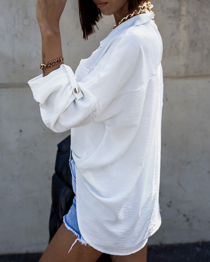 Metal Chain Decor Turn-down Collar Turn-Up Sleeves Front Button Shirt Casual Backless Asymmetrical Hem Top