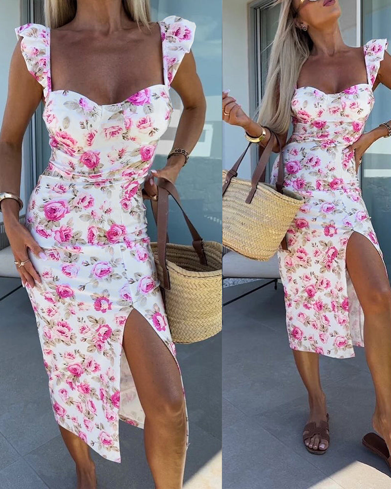 Women's Floral Midi Dress Sweetheart Neck Flutter Sleeve Side Slit Sundress Backless Vacation Dress with Built in Bra 3 Women's Floral Midi Dress Sweetheart Neck Flutter Sleeve Side Slit Sundress Backless Vacation Dress with Built in Bra - Image 3
