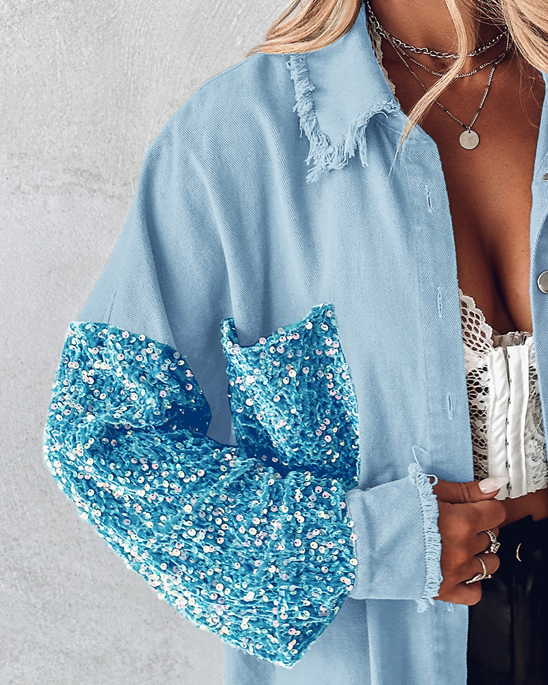 Casual Jacket Sequin Patchwork Long Sleeve Jacket Top Button Front Raw Hem Oversized Denim Shacket