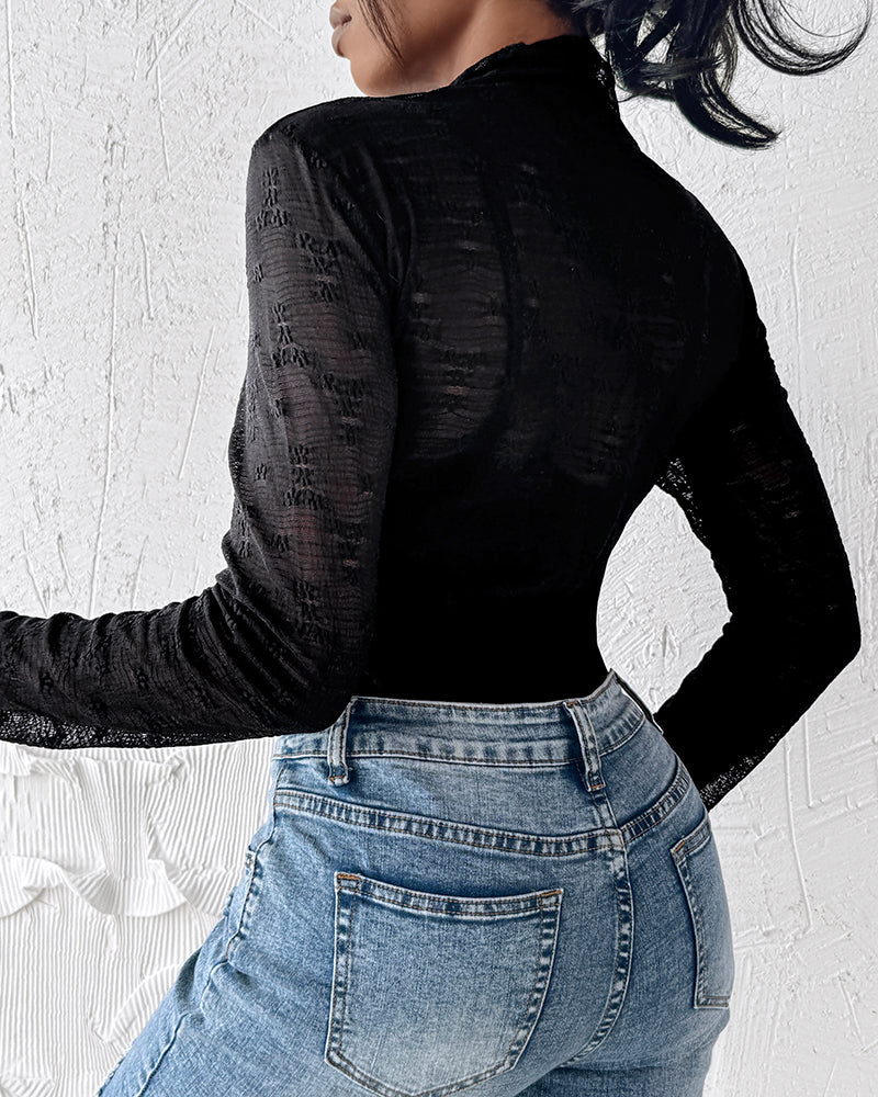 Lace Frill Hem Mock Neck Long Sleeve T-Shirt Sexy Floral Sheer Mesh Hollow Out Top