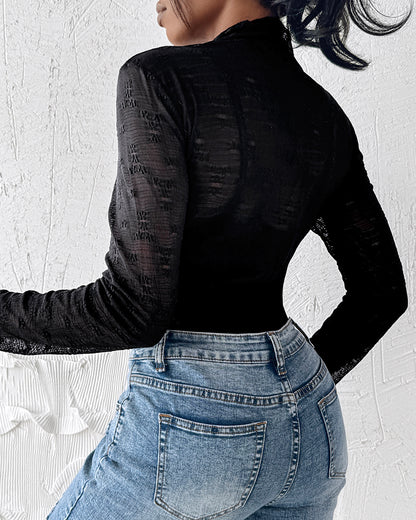 Lace Frill Hem Mock Neck Long Sleeve T-Shirt Sexy Floral Sheer Mesh Hollow Out Top