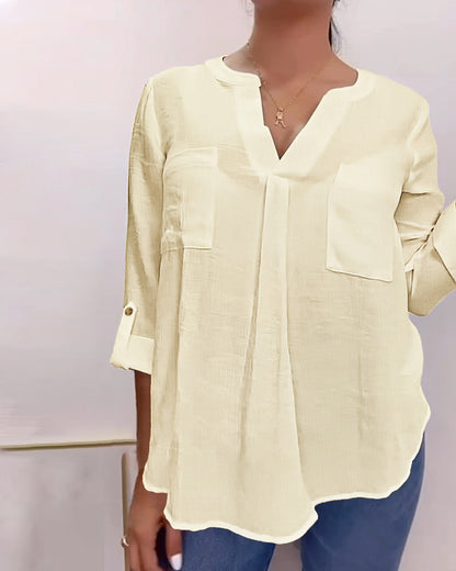 V-Neck Roll Up Sleeve Back Button Blouse Casual Top with Pocket