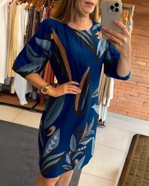 Plants Print Round Neck Half Sleeve Midi Dress