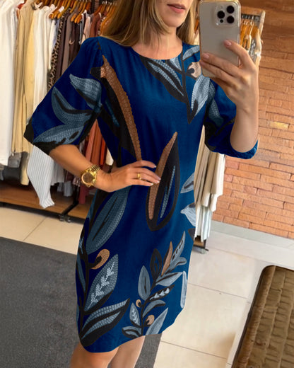 Plants Print Round Neck Half Sleeve Midi Dress