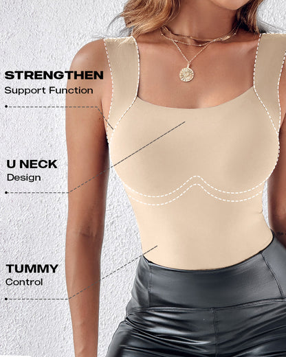 U-Neck Sleeveless Tank Seamless Skinny Layering Top with Built-In Bra