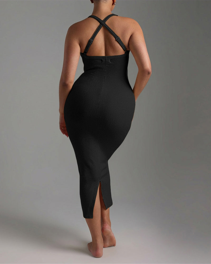 Criss Cross Straps Back Ribbed Mid-length Dress Sexy Slim Fit Backless Slit Back Dress